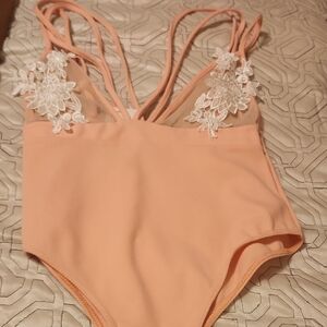 Anna Multi-Strap Applique Mesh Peach  Bodysuit